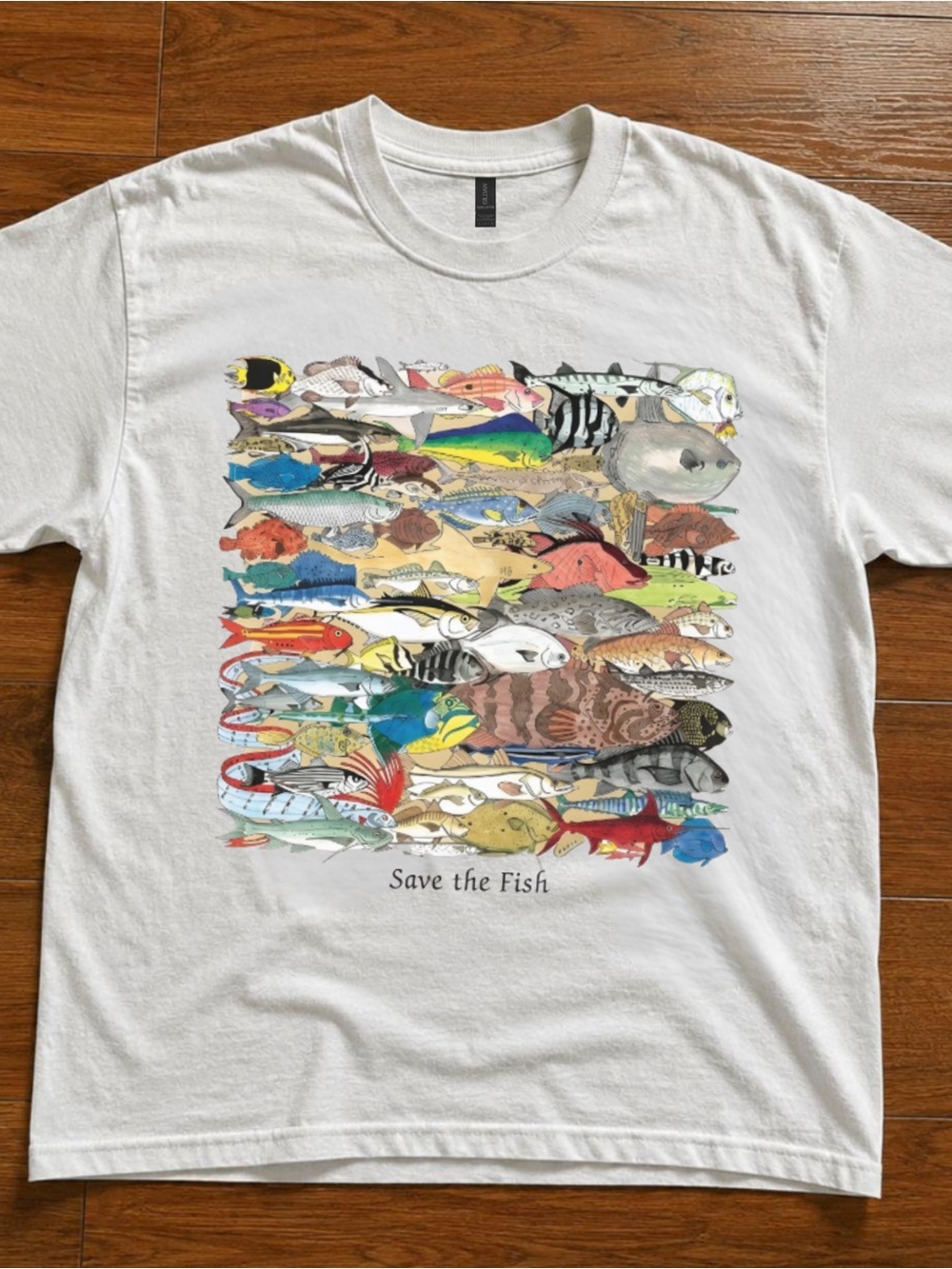 Gildan White Graphic Tee with Multi-Color Fish Illustration